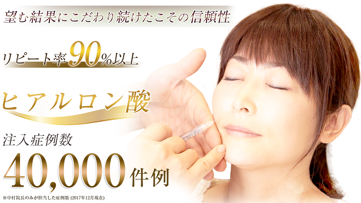 リピート率90％以上。ヒアルロン酸注?症例数、40,000症例。